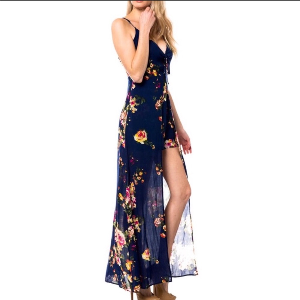 NAVY FLORAL MAXI SKIRT ROMPER - Picture 3 of 8